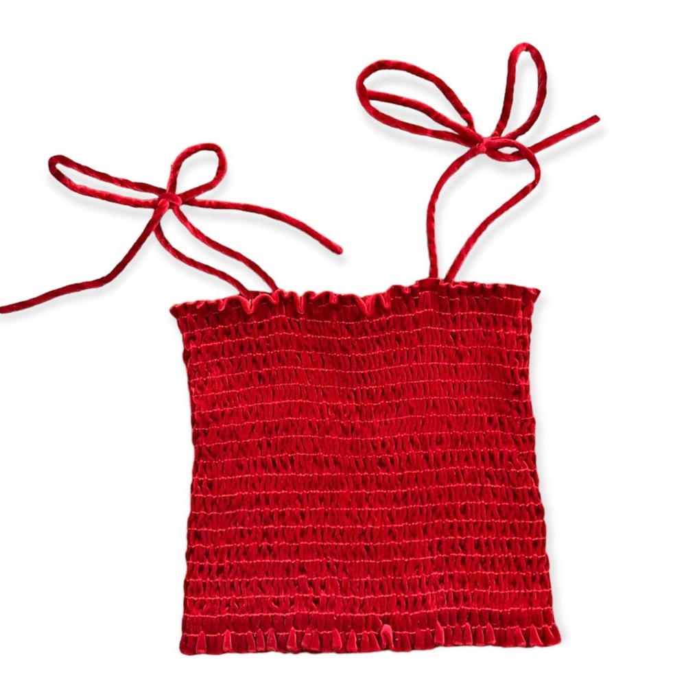 Vintage Velvet Smocked Elastic Tube Top with Shoulder Ties Women’s Medium Red